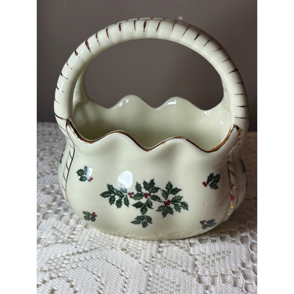Vintage Formalities by Baum Bros Porcelain Christmas Holly Basket Candy Dish